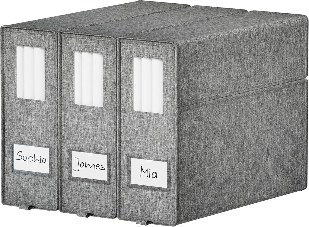 Furnhome Bed Sheet Organizers and Storage 3 Pack, Foldable Linen Closet Organizer Box with Clear Window, Labels & Reinforced Handles, Stackable Space Saving Bedding Storage for King Queen Sheet Set