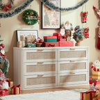LEYAOYAO Rattan 6 Drawer Dresser for Bedroom Set of 2, Boho 54" Wide White Dresser Chest of Drawers, Dressers TV Stand with Metal Handle, Storage Dressers Closet Organizer for Living Room, Hallway