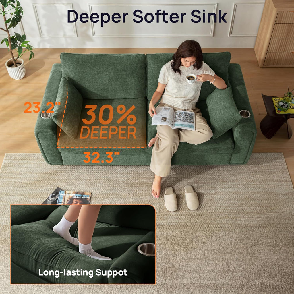 Pull Out Sofa Bed, No Cushion Removal, Queen Sleeper Sofa with USB Fast Charging, Memory Form Mattress, 2-in-1 Convertible Comfy Loveseat Couch Bed for RV, Apartment, and Small Spaces (Green)