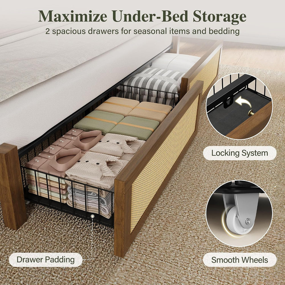 Belffin King Size Rattan Bed Frame with 2 Storage Drawers, Wood Bed, Brown