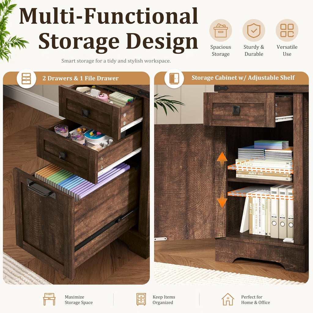 Squireewo 68.9'' Farmhouse L Shaped Desk with Hutch and Drawers, 76" High Wood Executive Home Office Desk with Charging Station, File Drawer and Cabinet, Computer Corner Desk with Sliding Doors, Brown
