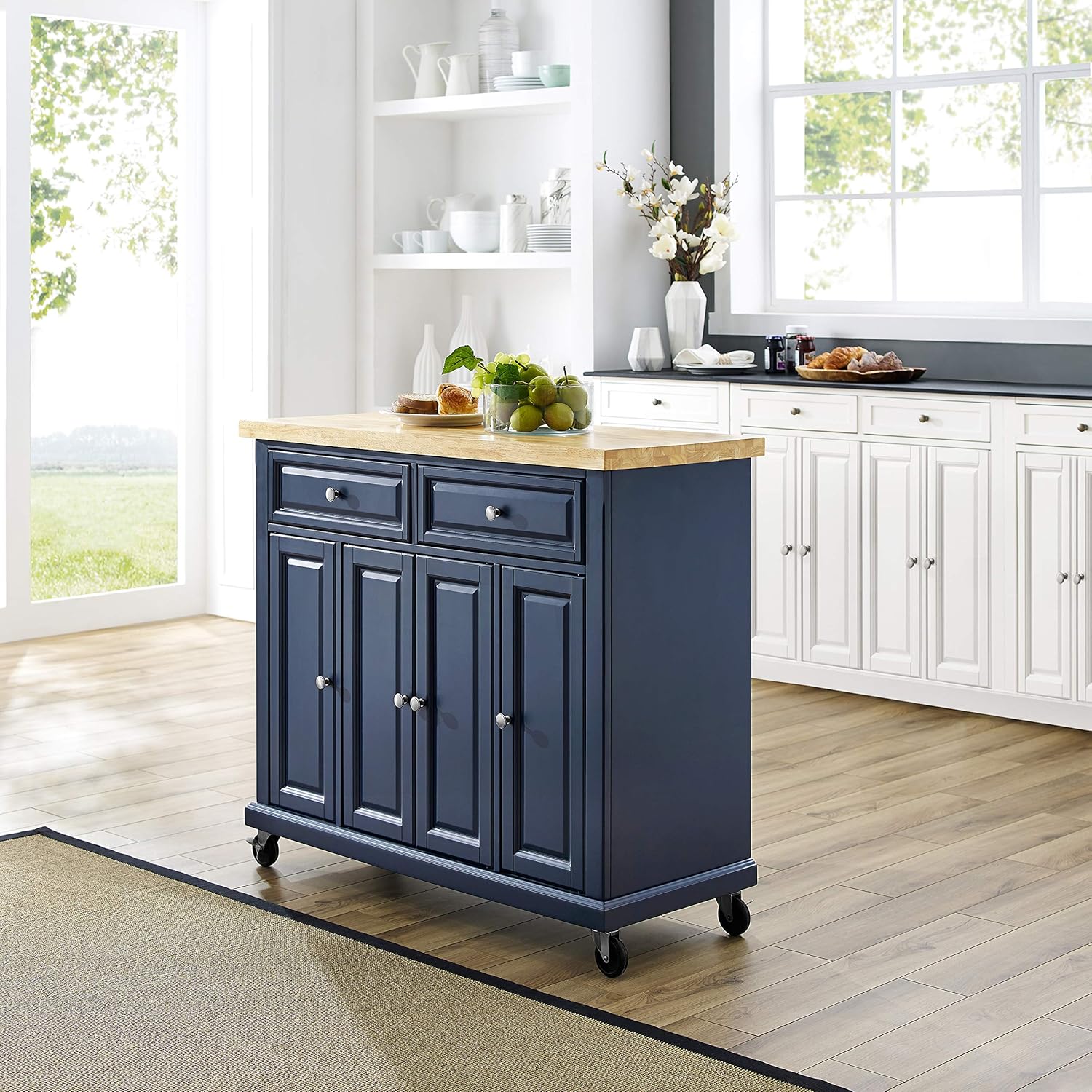 Crosley Furniture Madison Madison Rolling Kitchen Island Cart, Microwave Stand, Coffee Bar, with Shelves and Drawers, Navy