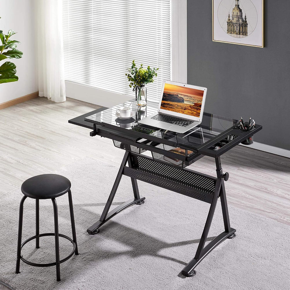Yaheetech Adjustable Drafting Table & Stool, Tilting Glass Art Desk, Blac...