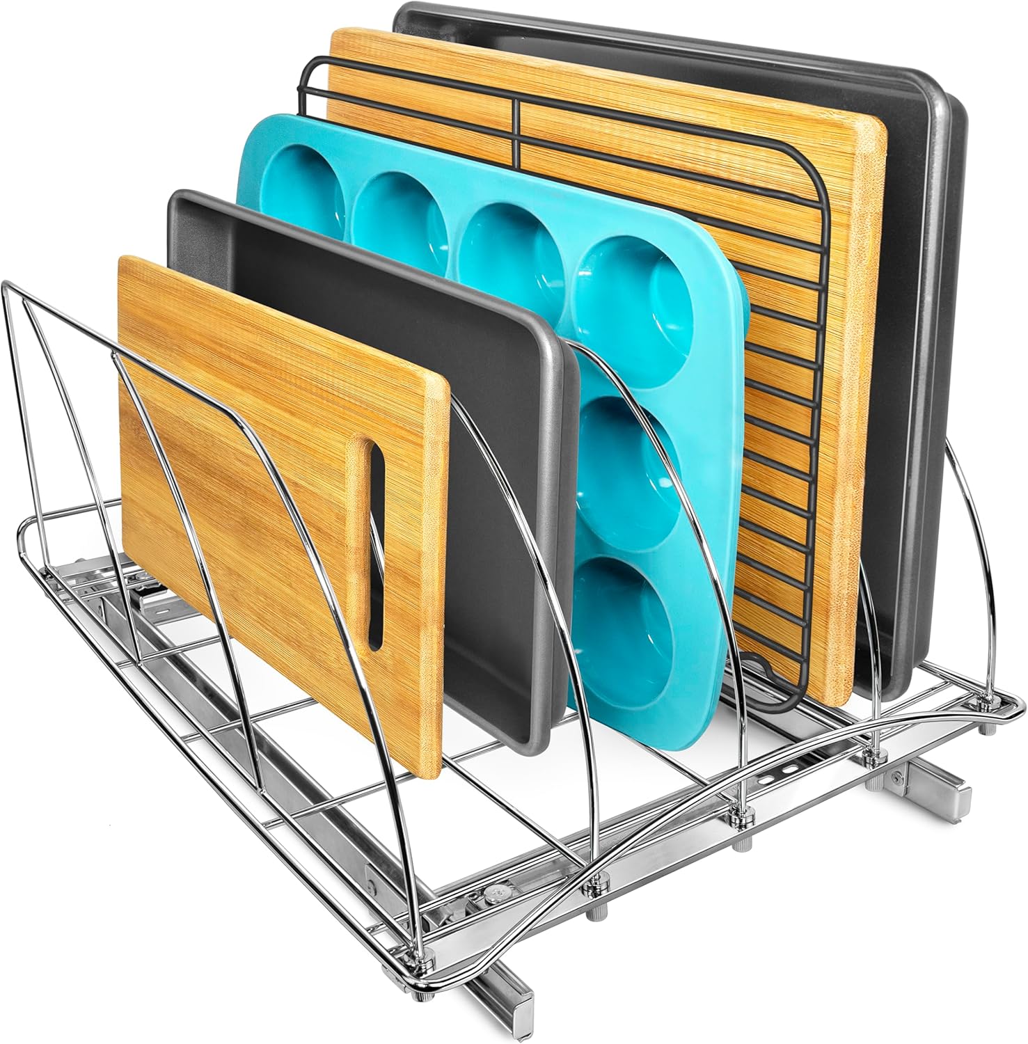 LYNK PROFESSIONAL® Pull Out Cutting Board, Cookie Sheet, and Baking Pan Organizer Rack - Lifetime Ltd. Warranty - Slide Out Kitchen Cabinet Organizers – 14W x 21D - Pullout Shelf, Extra-Large, Chrome