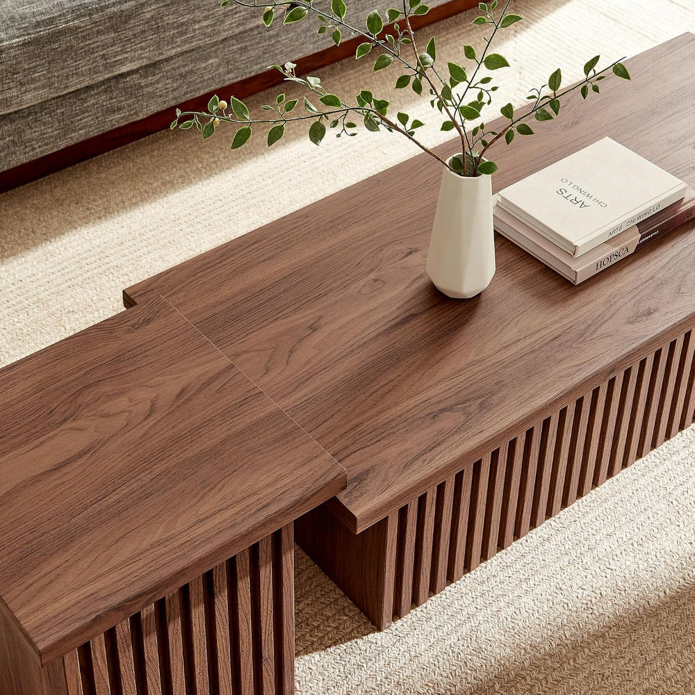 Modway Render Slatted Nesting Coffee Table Set in Walnut - 2 Piece Low Profil...