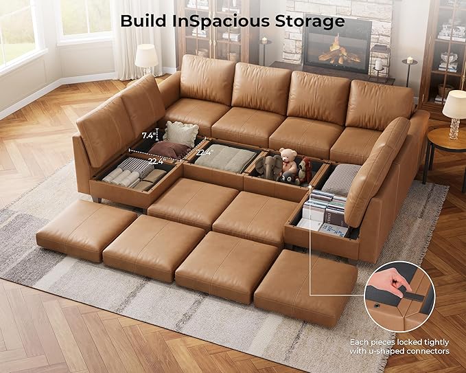 SITJOY 118" Faux Leather Modular Sectional Sofa with Storage, Mid Century Modern Sectional Couches for Living Room, Soft Padded Armrests, Oversized 10 Seat U Shaped Sofa Bed with Chaise, Brown