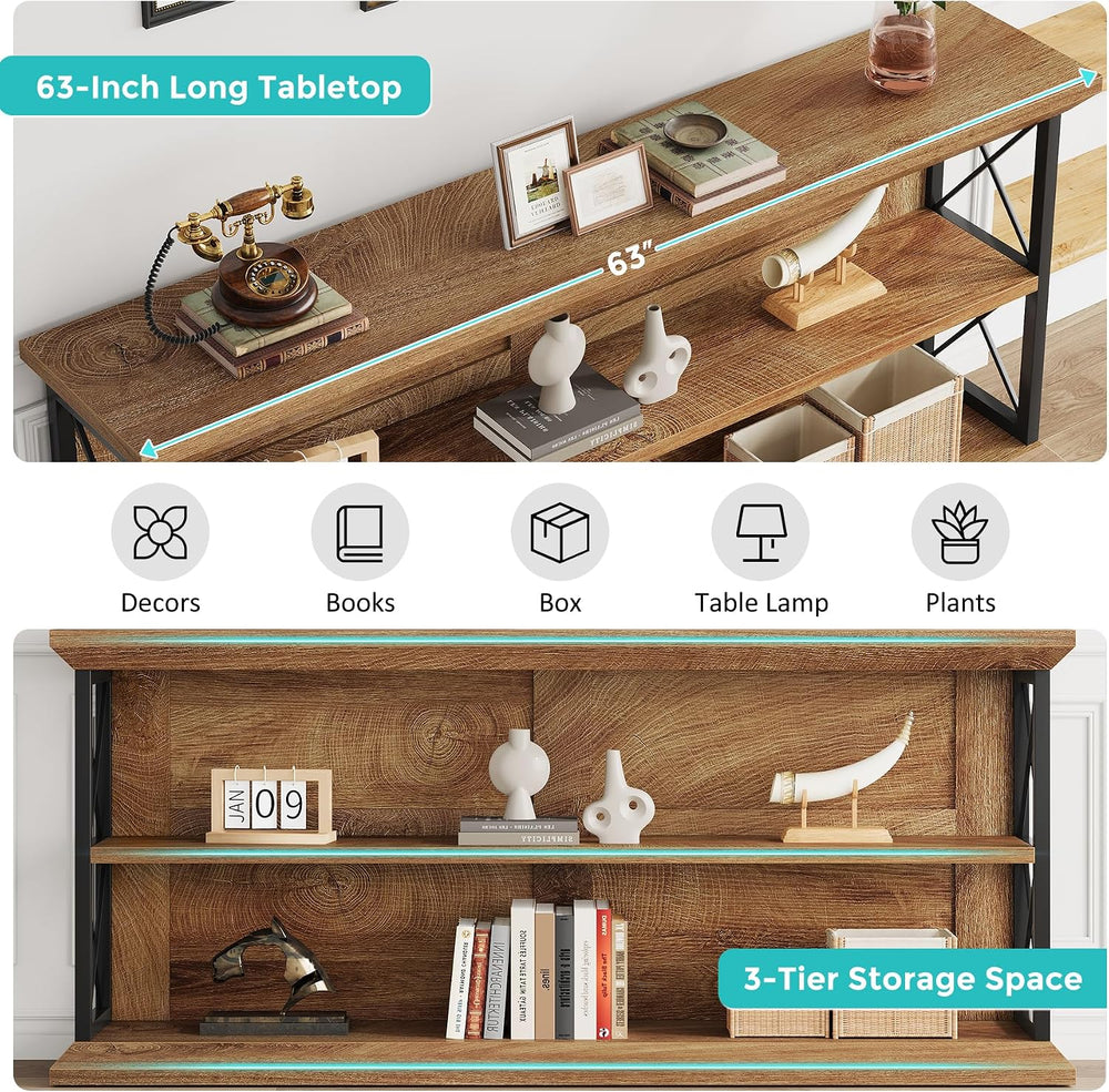 63" Entryway Console Table with 3-Tier Storage Shelf, Behind Couch | 3-T...