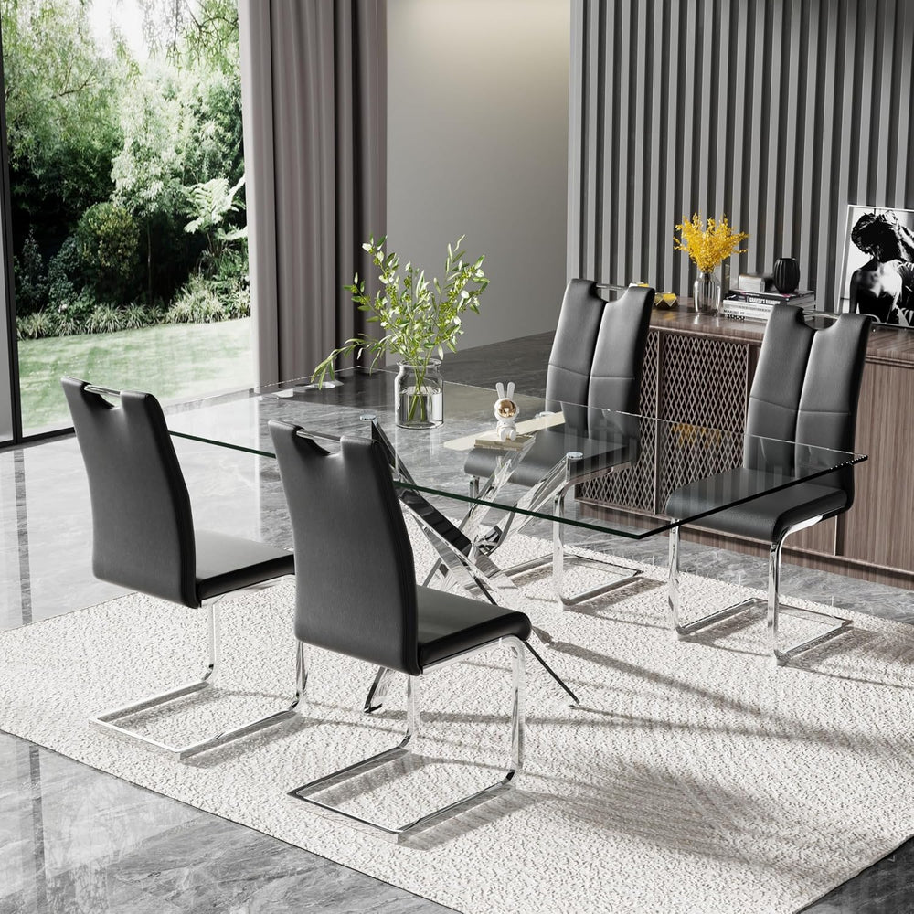 Modern 63 Inch Glass Dining Table Set for 4, 5 PCS Kitchen Table Set, Clear T...