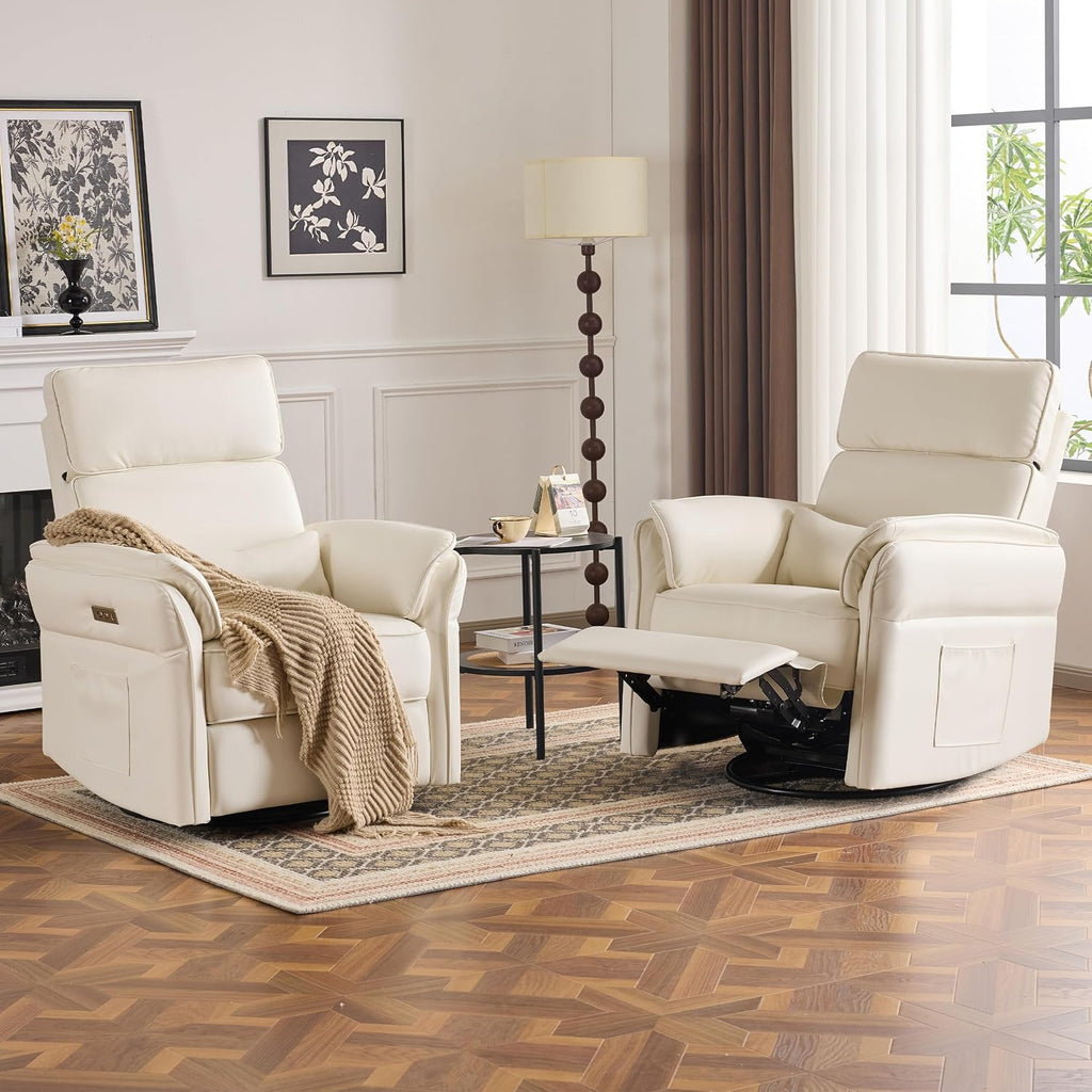 Power Recliner Rocking Chair with Adjustable Arm and Headrest,Beige Leather | Adjustable arms and headrest, storage bags, FSC certified fabric, nursing chair glider for nursery