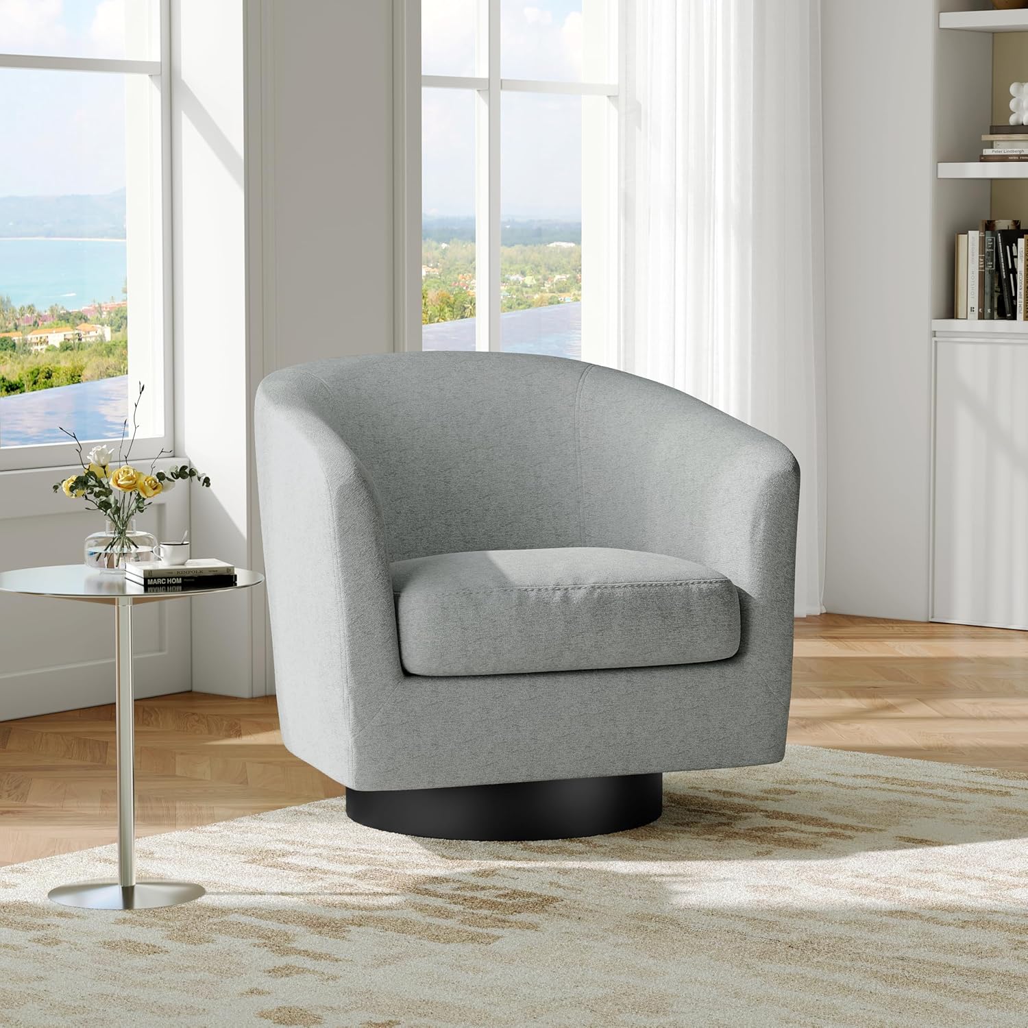 Swivel Barrel Accent Chair, Comfy Reading Armchair, Light Gray, Set of 1 | Low-Back Design | 360° Swivel | Solid Wood Frame | High-Density Foam Seat | Modern Round Style | For Living Room & Bedroom