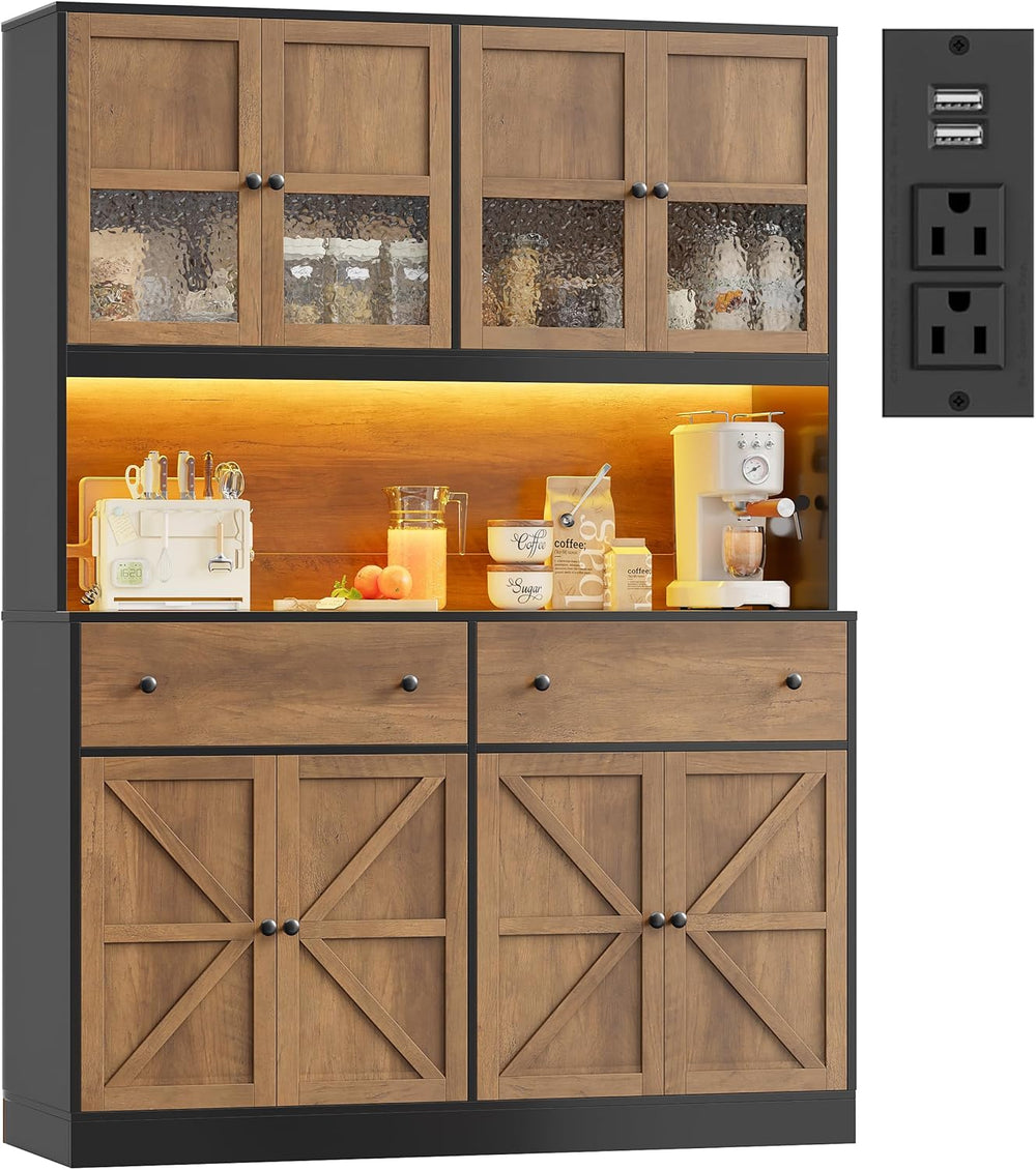 FINETONES 71" Pantry Cabinet with LED Light and Charging Station | Farmh...