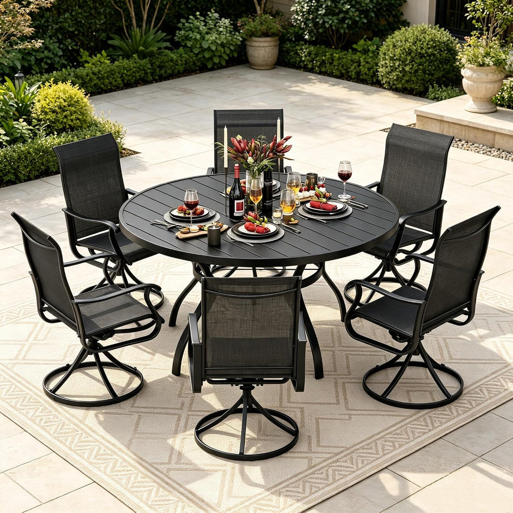 7-Piece Outdoor Patio Dining Set, All Weather Round Metal Table & 6 Black...