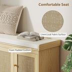 HOMCOM Shoe Bench Storage Rattan Doors 13.8 x 41.3 x 18.5 Inches Oak Tone | Cushion Seat, Adjustable Shelves for 9 Pairs, Boho Style, Bedroom, Living Room