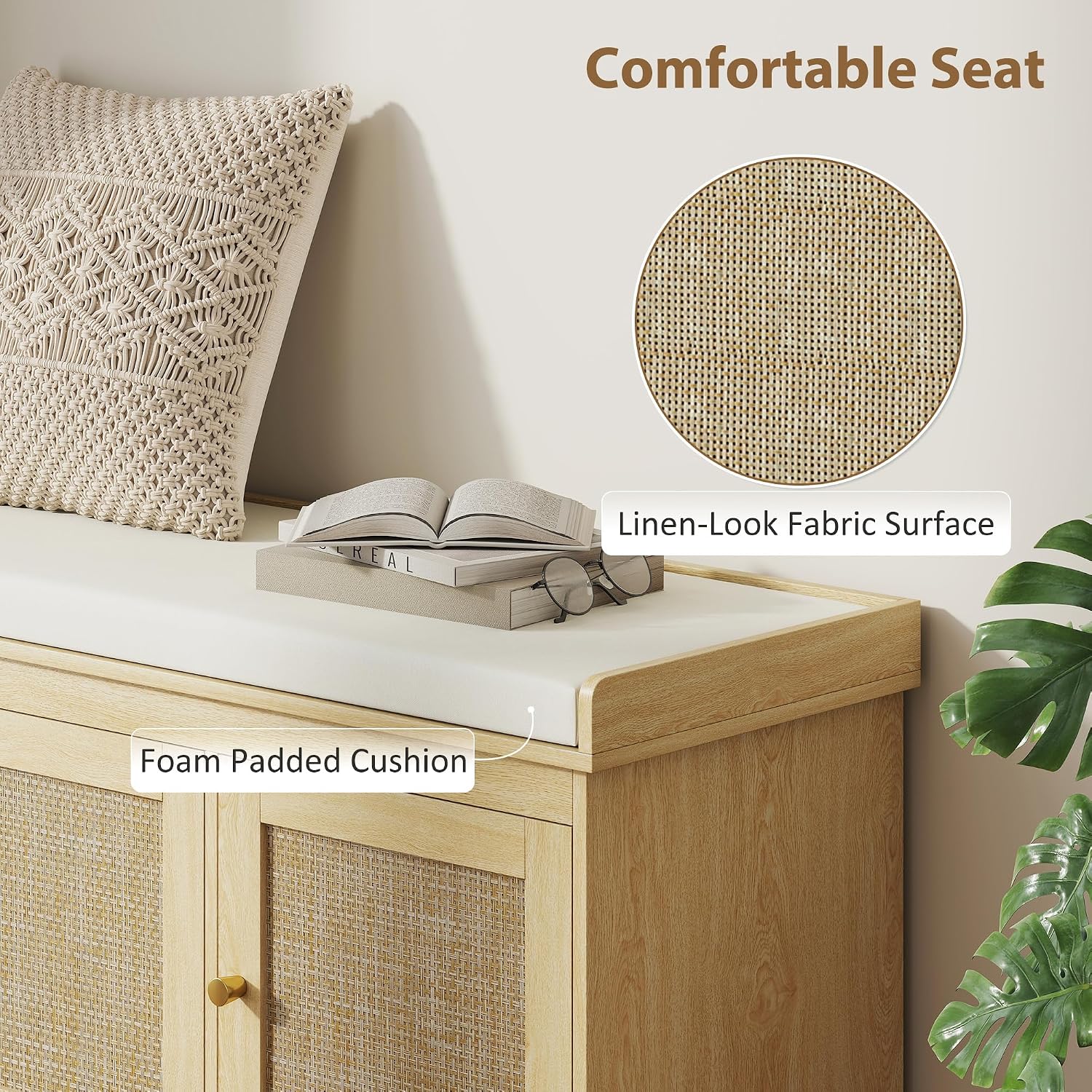 HOMCOM Shoe Bench Storage Rattan Doors 13.8 x 41.3 x 18.5 Inches Oak Tone | Cushion Seat, Adjustable Shelves for 9 Pairs, Boho Style, Bedroom, Living Room