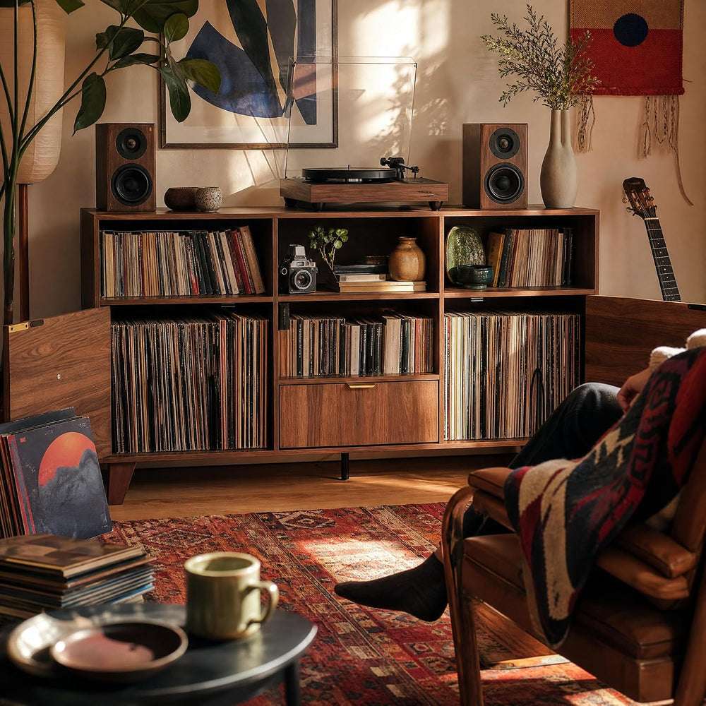 knoworld Large Record Player Stand with Vinyl Storage, Mid Century Modern Tur...