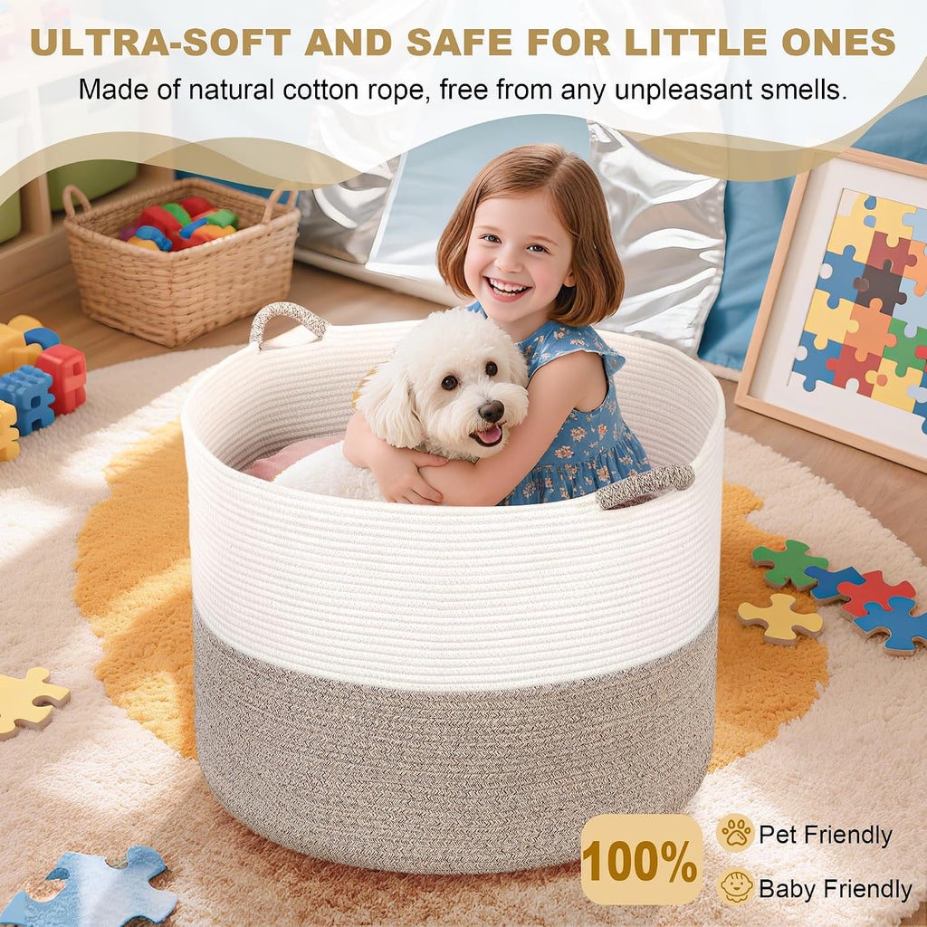 XXXL Large Blanket Basket for Living Room, 21.7" x 13.8" Woven Cotton Rope Laundry Hamper for Pillows, Towels & Toy Storage - Decorative Round Storage Basket with Handles for Nursery, Baby & Dog Toys