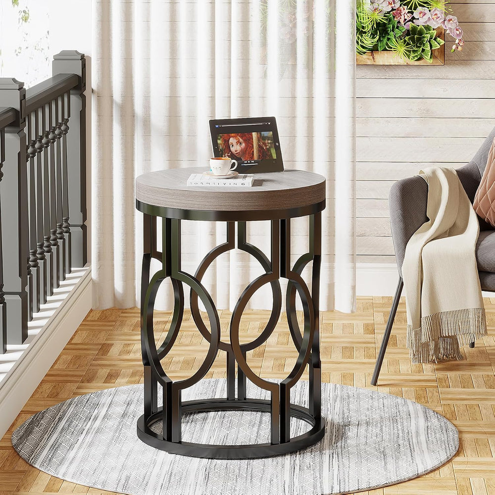 Tribesigns Round End Table, Industrial Side Table with Metal Hollow Frame, Sm...