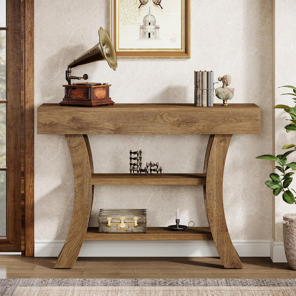 Tribesigns 41" Small Console Table for Entryway, 3-Tier Narrow Rustic Sofa Table with Storage Shelves and Curved Frame for Living Room, Entry, Hallway, Foyer (Oak Brown)