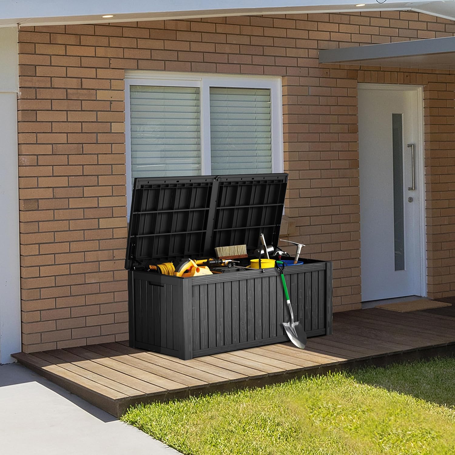 TARKARI 180 Gallon Lockable Resin Deck Box, Waterproof & UV-Resistant Outdoor Storage Box for Outdoor Cushion Storage, Garden Tools & Pool Accessories Storage, Black