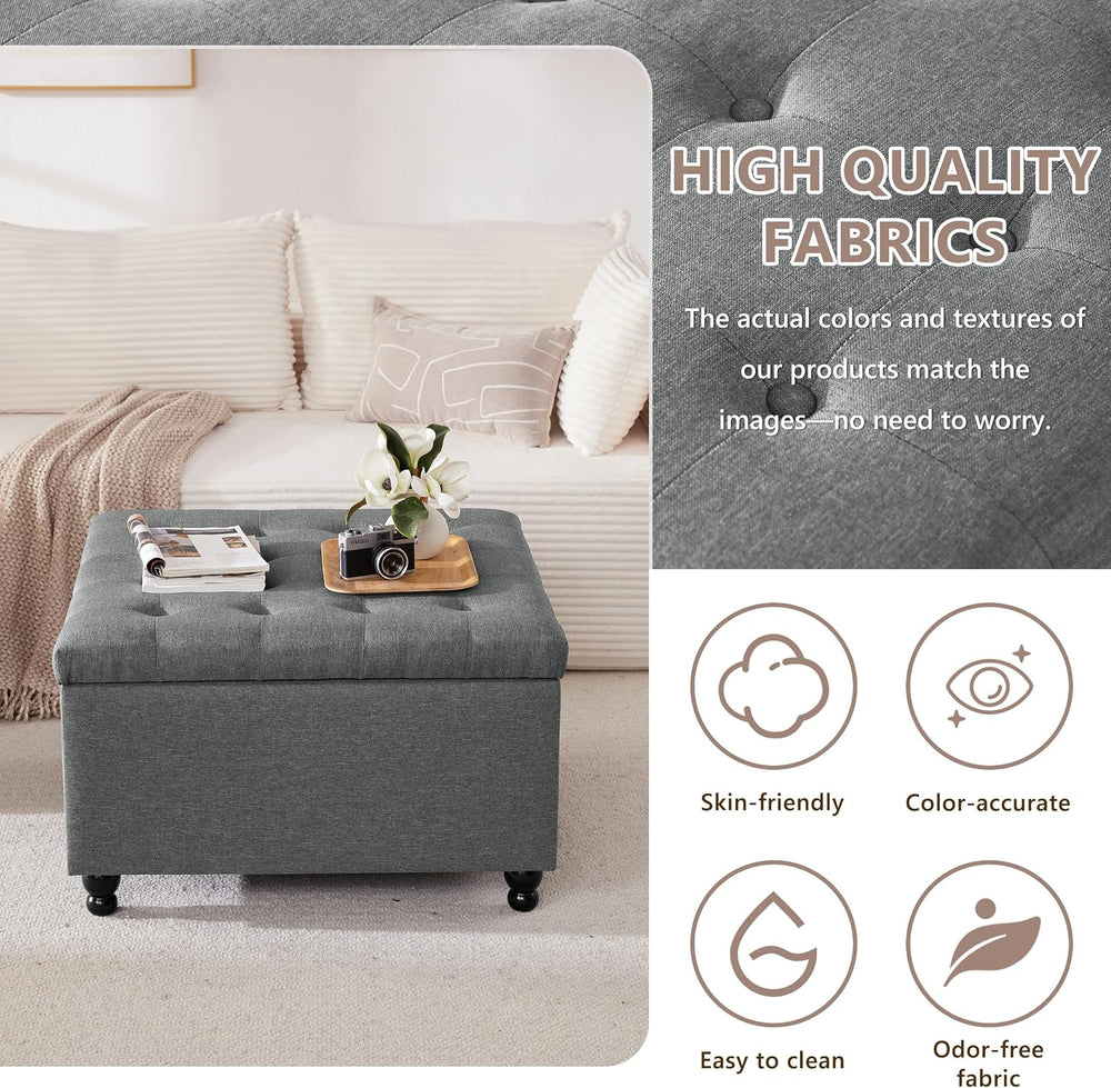 30" Large Square Ottoman with Storage, Fabric Ottoman Coffee Table, Grey...