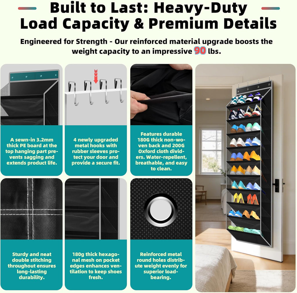 PAULONE 10-Pocket Multi-Use Over the Door Organizer, Heavy Duty 95lbs Capacity with Breathable Mesh, Versatile Hanging Storage for Shoes, Toys, Office Supplies-Classic (Black, 10-Shelf,)