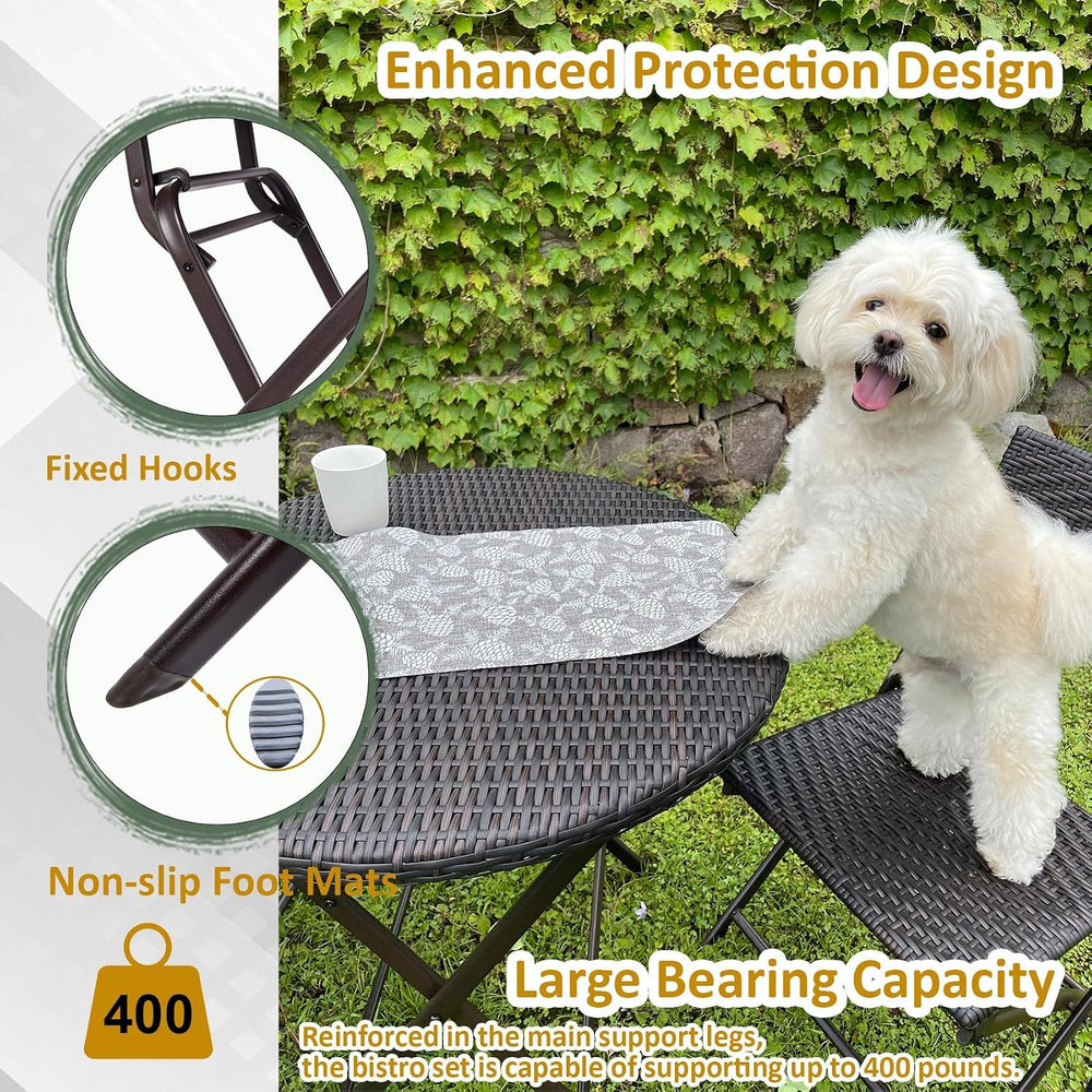 3 Pieces Folding Bistro Set PE Wicker Rattan Outdoor Patio Furniture Sets wit...
