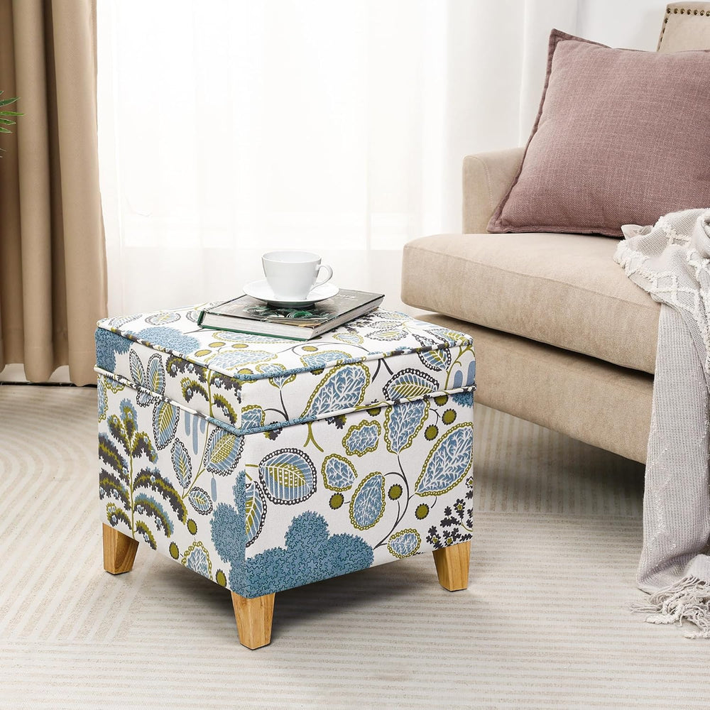 Adeco 18 Inch Linen Storage Ottoman Cube, Upholstered Footstool for Living Ro...