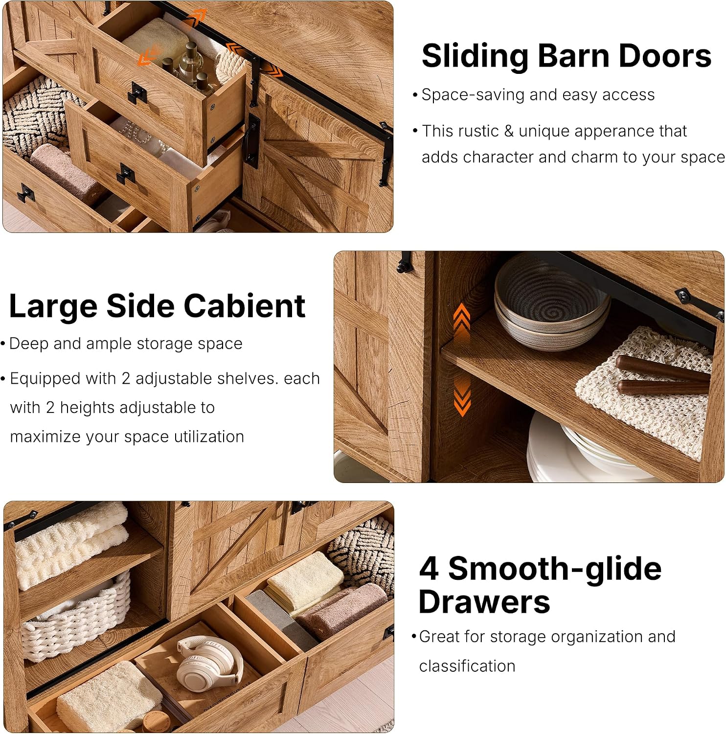 T4TREAM 48" Wide Farmhouse Sideboard Buffet Cabinet, Light Tree Knot | 31.2" Tall Kitchen Cabinet with Storage, 2 Sliding Barn Doors, 4 Drawers, Rustic Wood, Coffee Bar Table, Dining Room
