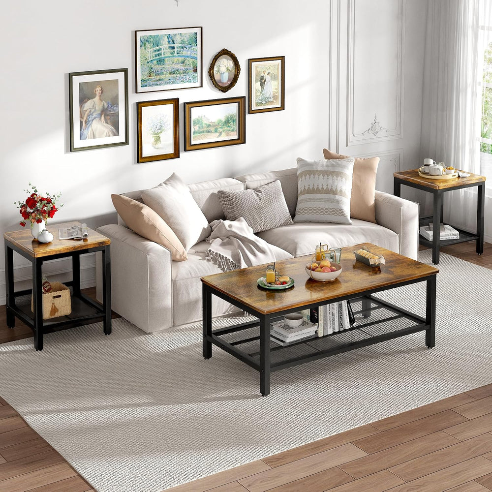 3-Piece Coffee Table and End Table Sets for Living Room, Industrial Coffee Ta...