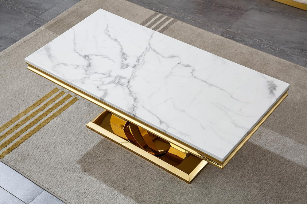 White Marble Coffee Table Set of 3, Modern Coffee Table and 2 Marble End Tabl...