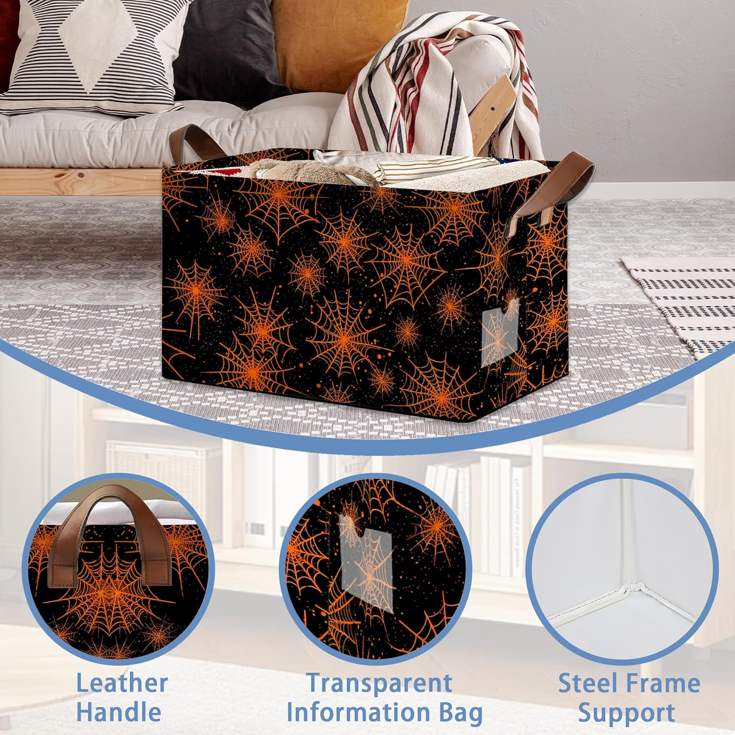 Halloween Storage Basket,Spider Web Collapsible Storage Bin Cubes for Living Room Bedroom Blankets Home Storage 17x11.5x10Inch