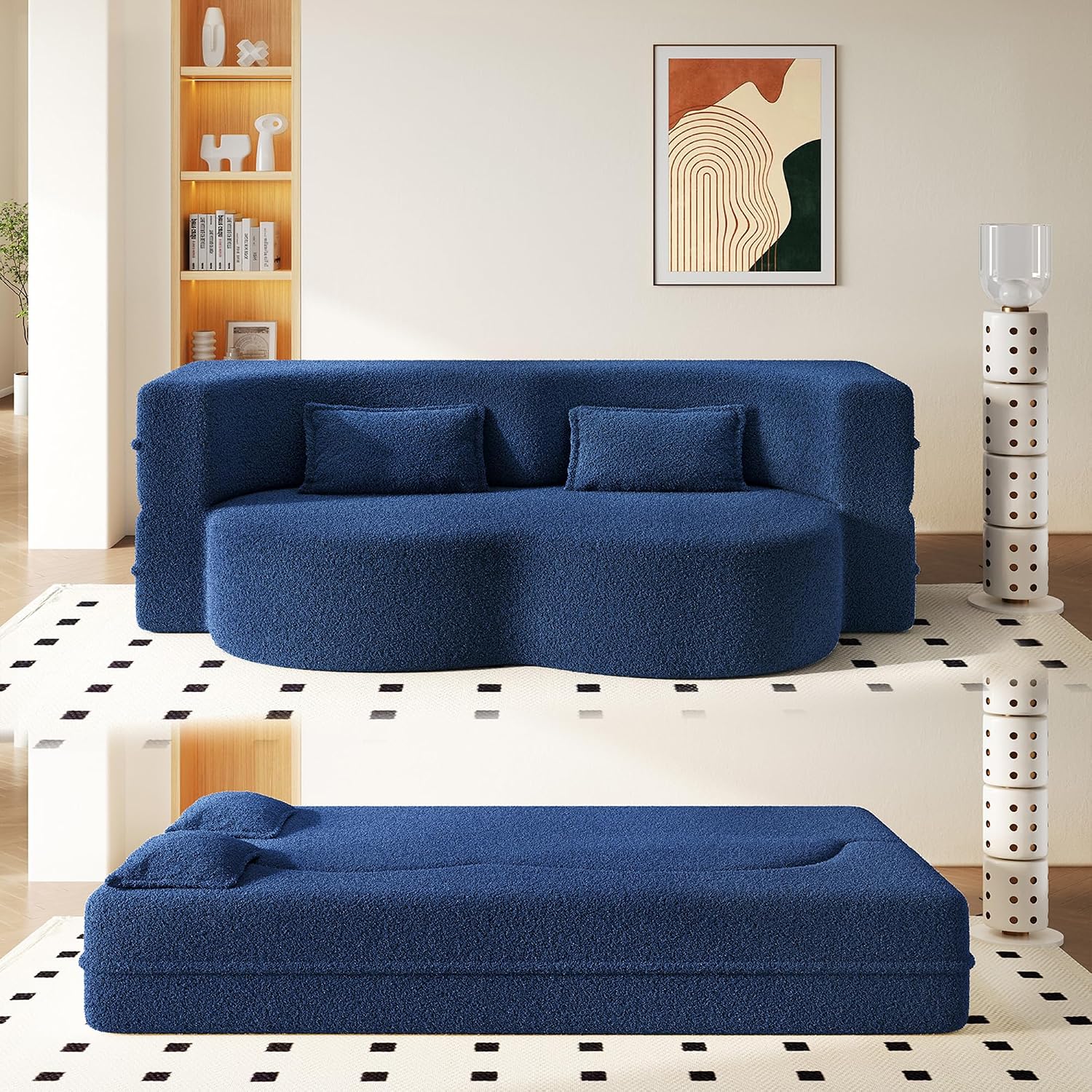 Convertible Folding Sofa Bed, 2-in-1 Full Size Floor Boneless Couch Bed, Loveseat sleeper Couch , Corduroy Floor Sofa, Memory Foam Sleeper SofaBed, Small couches for small spaces, No Assembly, Blue