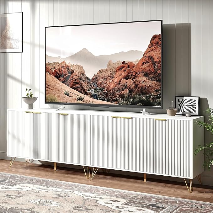 Fluted White TV Stand for 100 Inch TV,Modern White TV Stands for Living Room,TV Console with Storage Cabinets,Entertainment Center with Adjustable Shelves & Gold Handles,Wood Media Cabinet