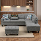 Sectional Couches for Living Room with Movable Chaise & Storage Ottoman - 97.5" Linen L Shaped Couches for Living Room Apartment, Home Modular Sectional Sofas with Cup Holder, Grey