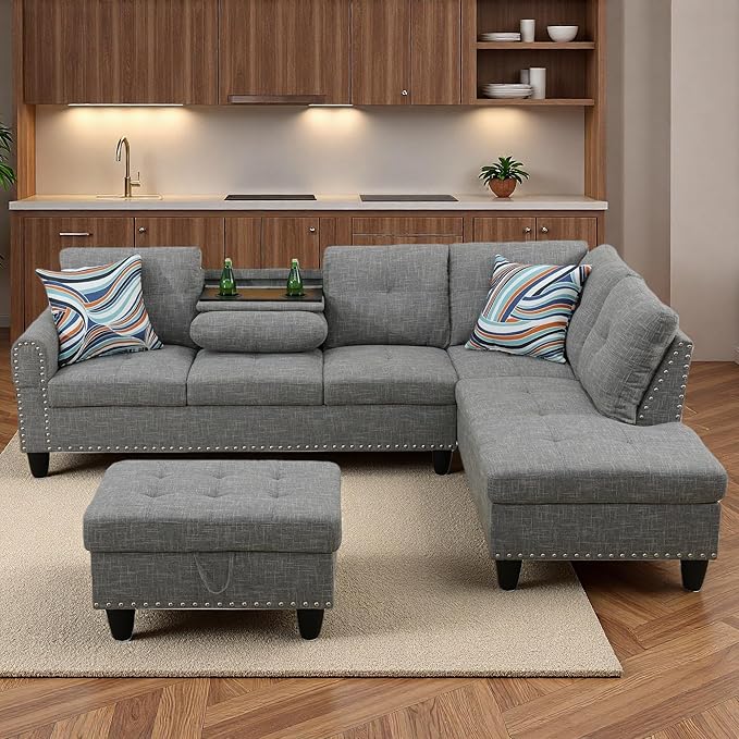 Sectional Couches for Living Room with Movable Chaise & Storage Ottoman - 97.5" Linen L Shaped Couches for Living Room Apartment, Home Modular Sectional Sofas with Cup Holder, Grey