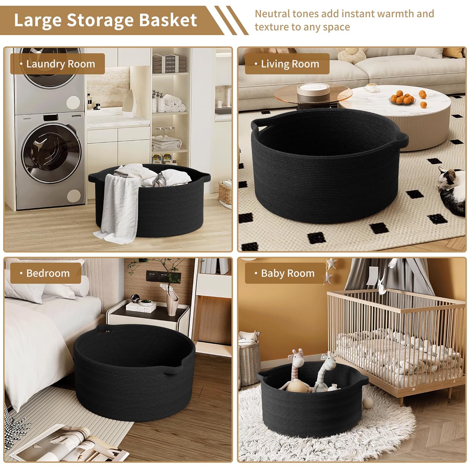 125L Extra Large Blanket Basket, 25" x 16", Jumbo Laundry Woven Baskets Decorative Home, Cotton Rope Basket with Handles, Baby Toy Baskets for Storage, Black, 2PC