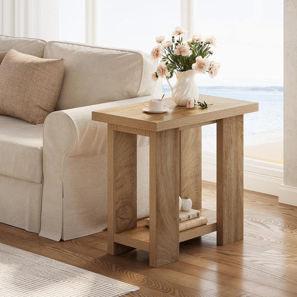 LITTLE TREE 2-Tier Side Table, Farmhouse End Table with Storage Shelves, Smal...