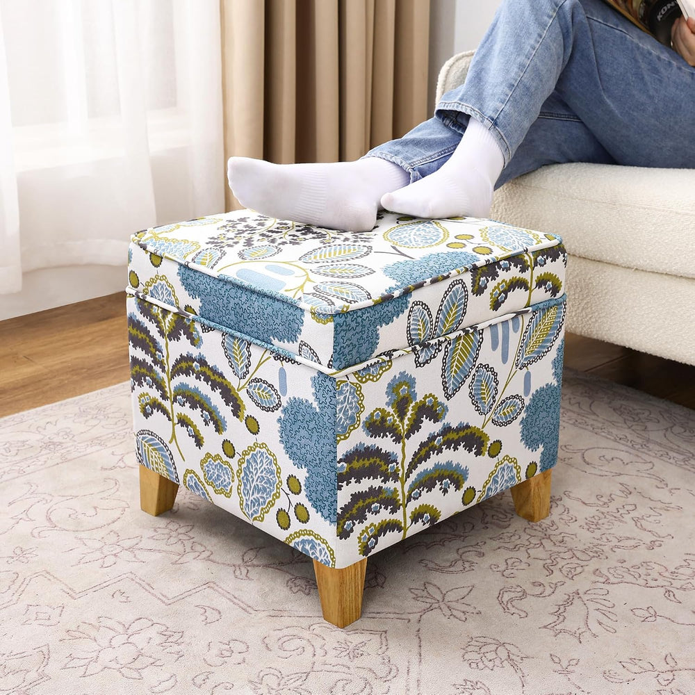Adeco 18 Inch Linen Storage Ottoman Cube, Upholstered Footstool for Living Ro...