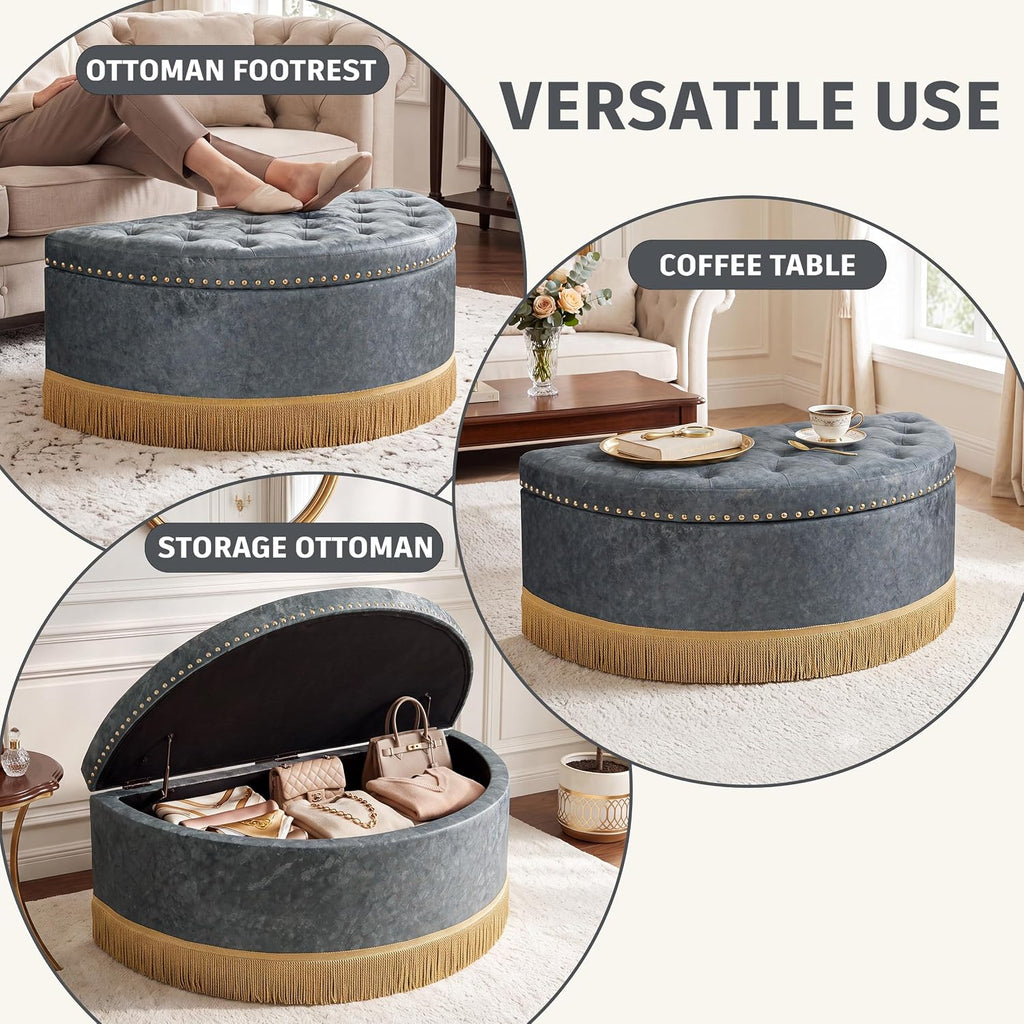 Homebeez 43.3" Half Moon Ottoman, Velvet Tufted Upholstered Footstool, with Nailhead Trim & Bullion Fringe, Decorative Accent Seating for Living Room, Bedroom, Entryway, Vanity, Vintage Furniture