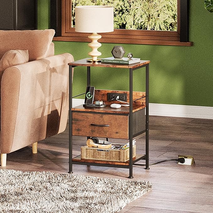 WLIVE Night Stand with Charger Station, LED Nightstand with Adjustable Fabric...