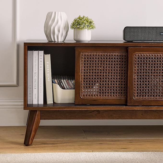 Ball & Cast 59" Mid Century Modern TV Stand for TVs up to 65", Media Console with Rattan Sliding Doors, 2 Open Shelves & Solid Wood Legs, Entertainment Center for Living Room,Bedroom,Walnut