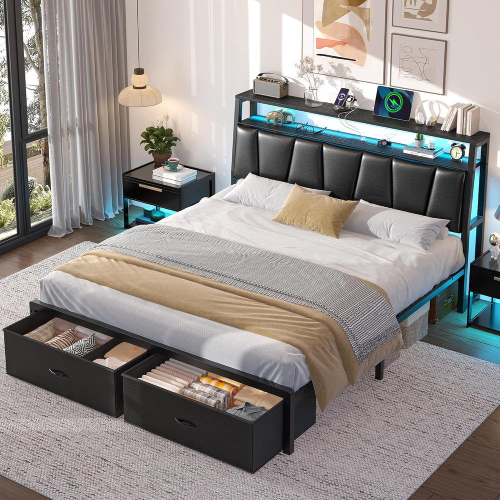FreeHouse Full Size Bed Frame with Storage Headboard & 2 Drawers, Black