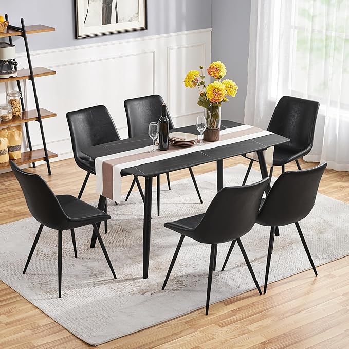 Yaheetech Dining Chairs Set of 6 Modern Upholstered Dining Room Chairs with Faux Leather Seat and Metal Legs for Home, Kitchen, Armless Design, Black