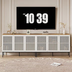 Farmhouse TV Stand for 100 Inch TVs, 2-in-1 Entertainment Center with Storage Cabinets & Metal Base, Antique White Media Console for Living Room