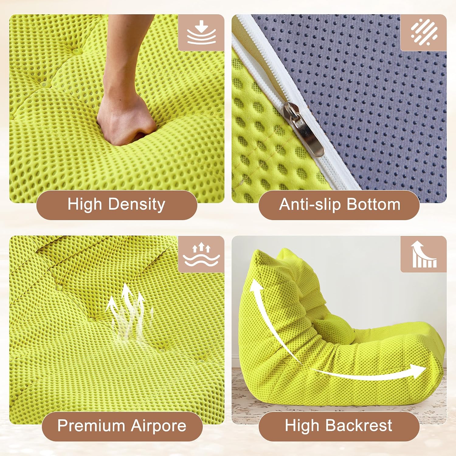 Bean Bag Chair for Adults - Large Bean Bag with Lumbar Pillow, Oversized Airpore Boneless Chair with High-Rebound Memory Foam, Lazy Floor Sofa for Reading, Gaming, Living Room, Bedroom, Green
