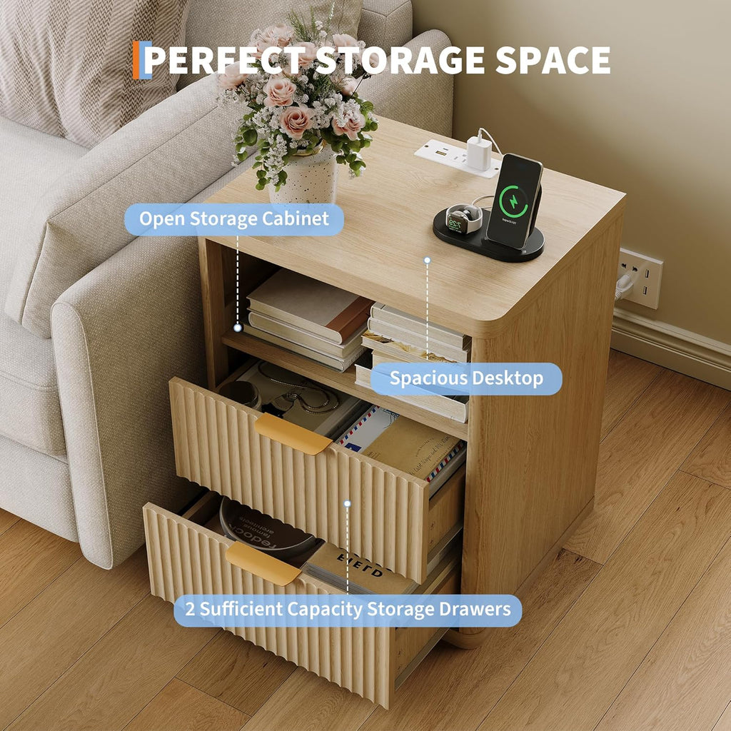 Fluted Nightstand Set of 2 with Charging Station, Bedside Table with 2 Drawers and Open Storage Space, Metal Handles and Rounded Corners for Safety, Mid Century Modern End Table, Bedroom, Living Room