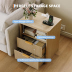 Fluted Nightstand with Charging Station, Bedside Table with 2 Drawers and Open Storage Space, Metal Handles and Rounded Corners for Safety, Mid Century Modern End Table, for Bedroom, Living Room Sofa