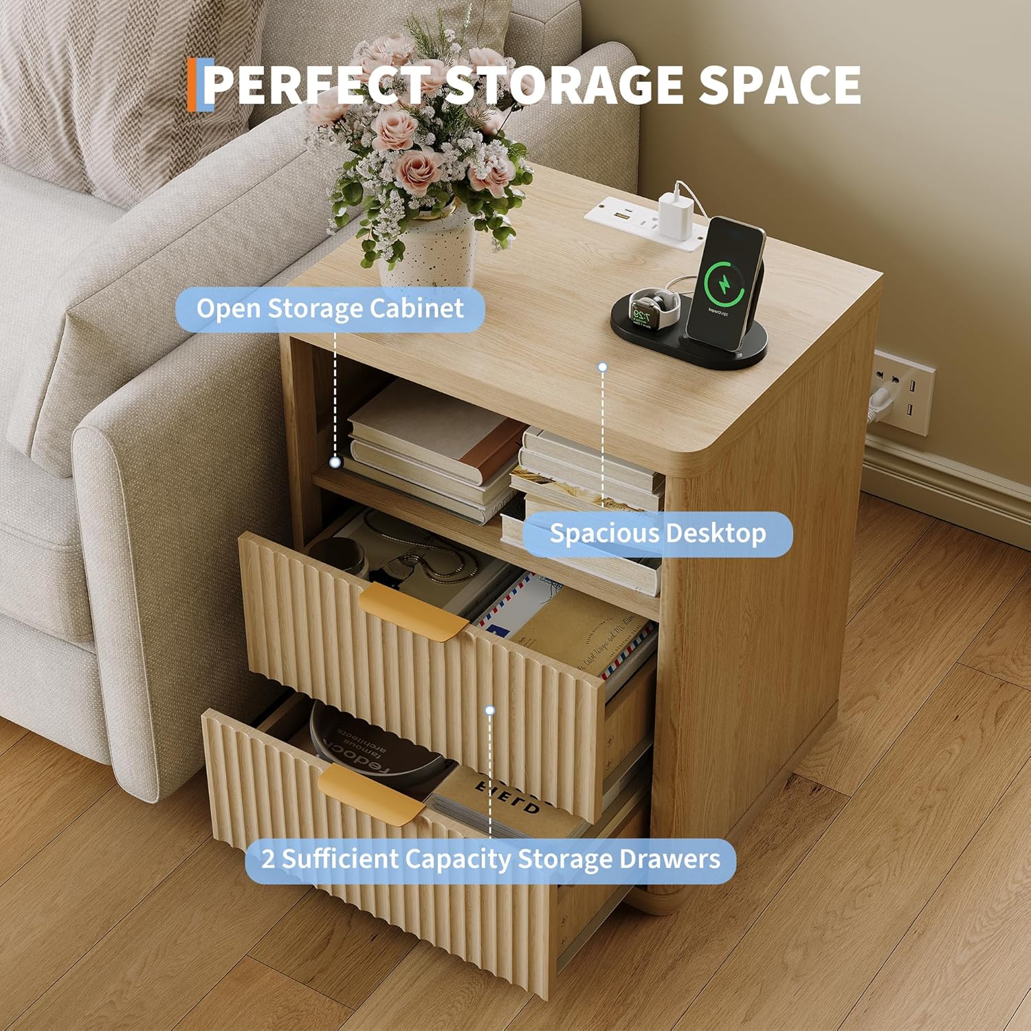 Fluted Nightstand with Charging Station, Bedside Table with 2 Drawers and Open Storage Space, Metal Handles and Rounded Corners for Safety, Mid Century Modern End Table, for Bedroom, Living Room Sofa