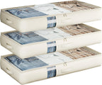 Under Bed Storage Containers with Window, Closet Organizers and Storage Bags, Foldable Underbed Storage Bags for Blankets, Clothing, Comforter, Linen Sheets, Wrapping Paper, 3 Pack, White Ivory