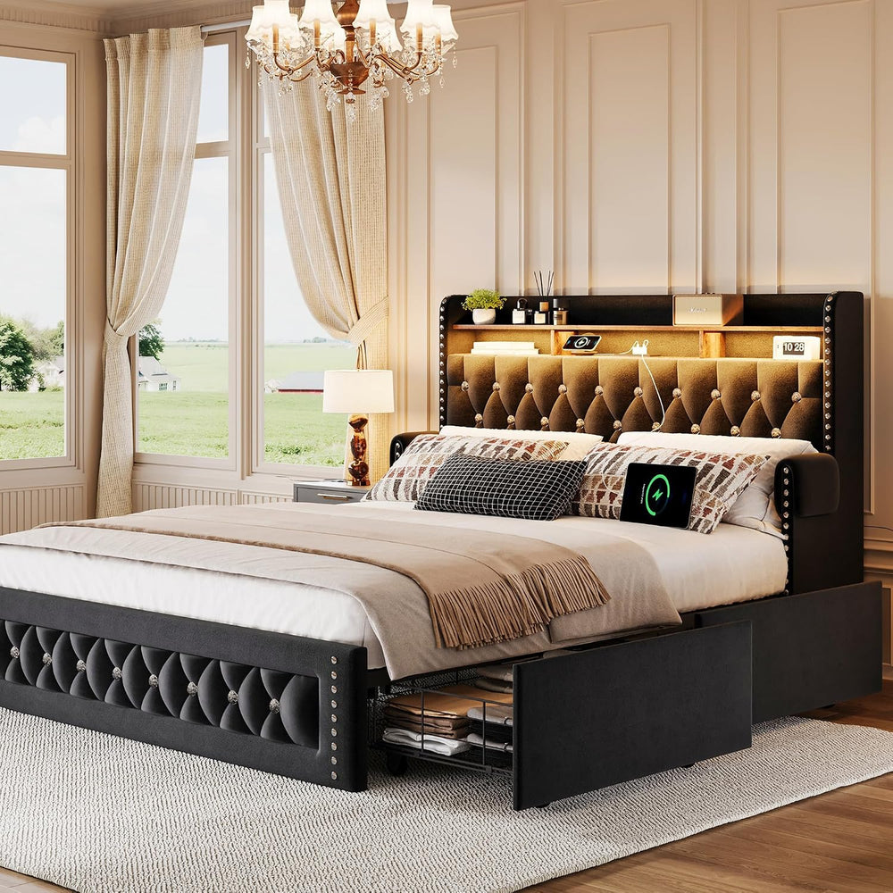 Ailisite Full Size Bed Frame with 4 Storage Drawers,Velvet Upholstered Full P...